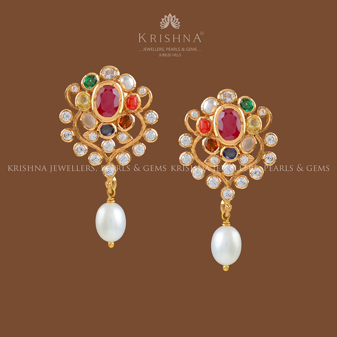 22k Gold Navaratan Earrings with Hanging Pearls