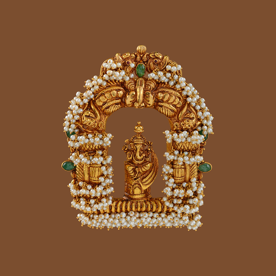 Lord Ganesha Gold Pendant with Pearl Work
