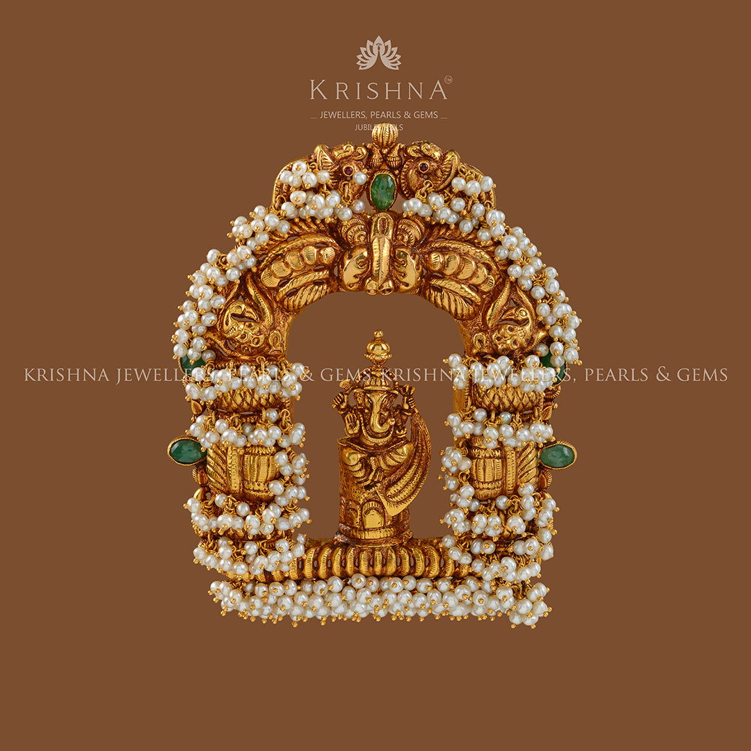 Lord Ganesha Gold Pendant with Pearl Work