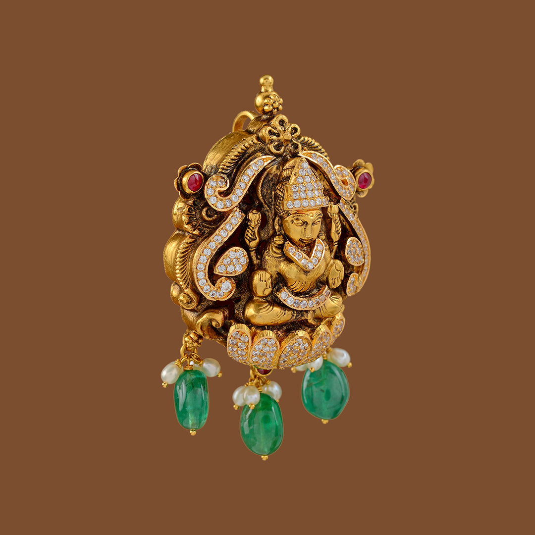 Goddess Lakshmi With Hanging Emerald Pendant