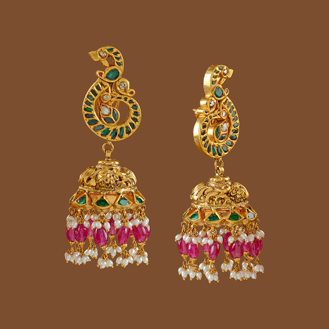 Gold Jhumka Earrings with  Ruby-Emerlad Pota