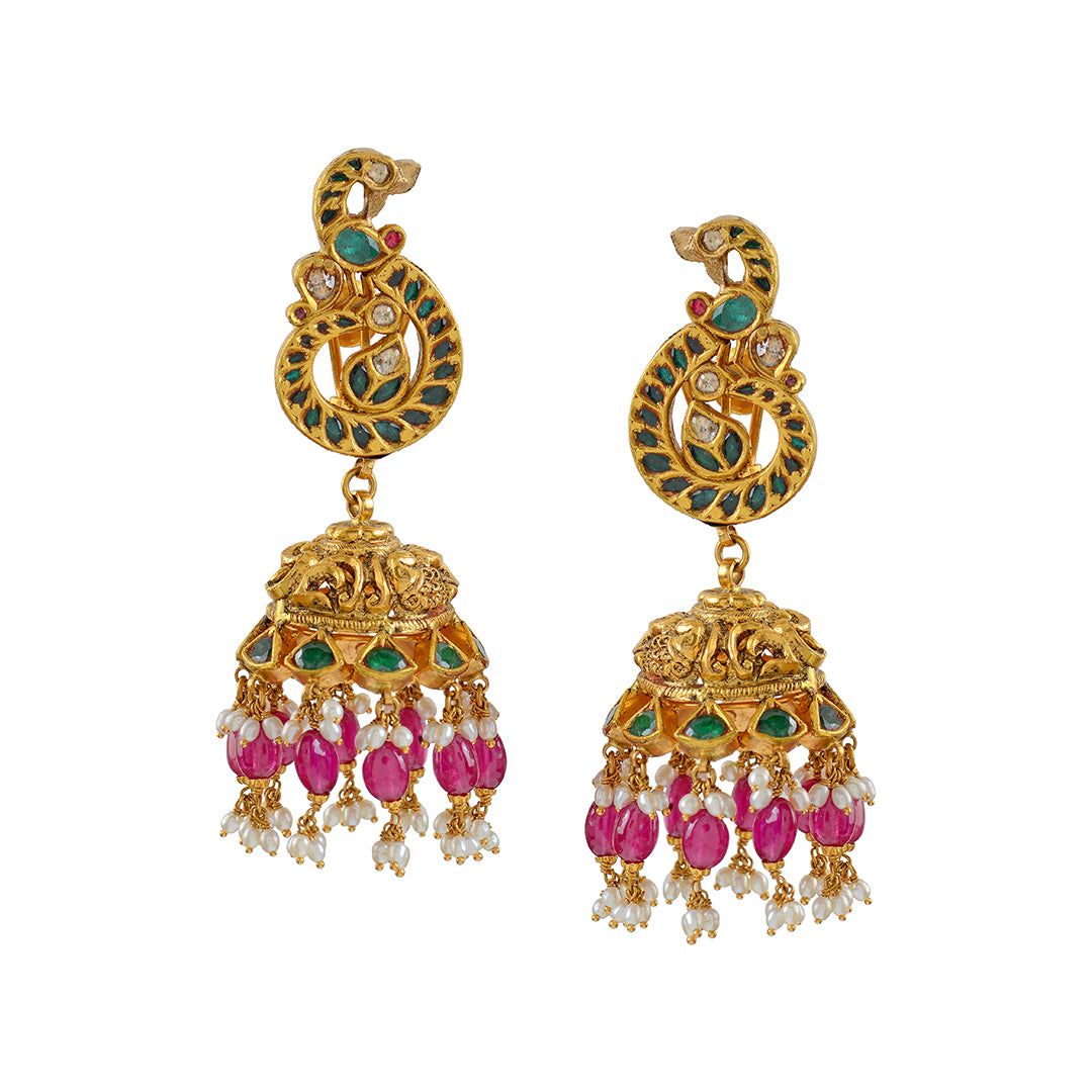 Gold Jhumka Earrings with  Ruby-Emerlad Pota