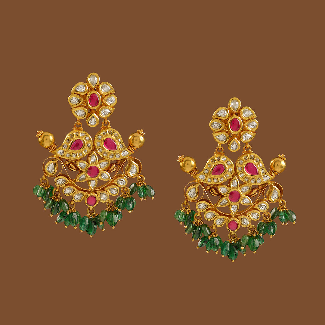 Gold Chandbali Earrings with Emerald Drops