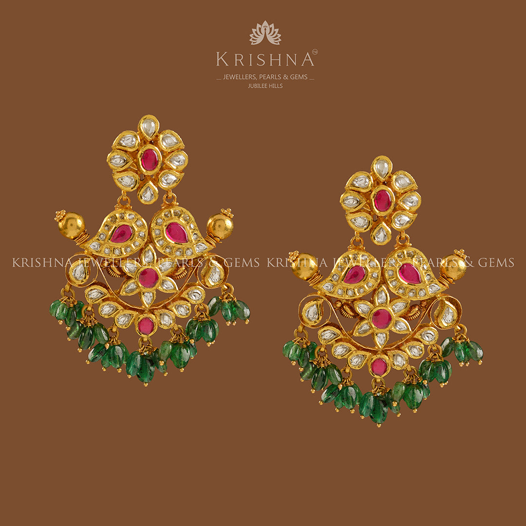 Gold Chandbali Earrings with Emerald Drops