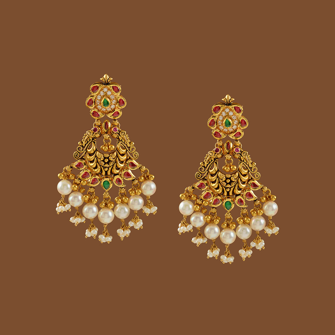 Antique Gold Chandbali Earrings with Hanging Pearls - Krishna Jewellers Pearls and Gems