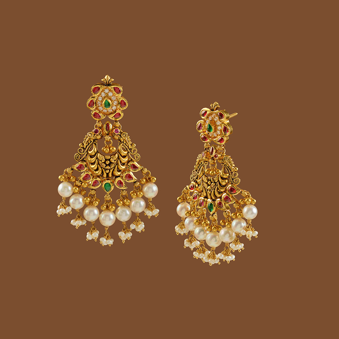 Antique Gold Chandbali Earrings with Hanging Pearls - Krishna Jewellers Pearls and Gems