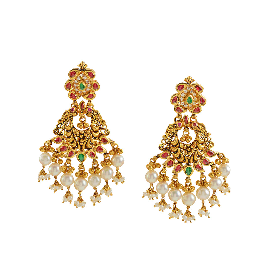 Antique Gold Chandbali Earrings with Hanging Pearls
