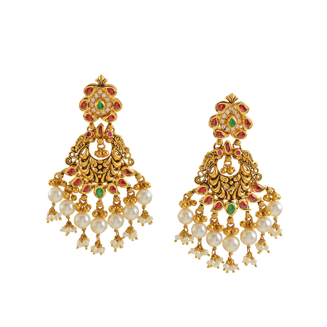 Antique Gold Chandbali Earrings with Hanging Pearls - Krishna Jewellers Pearls and Gems