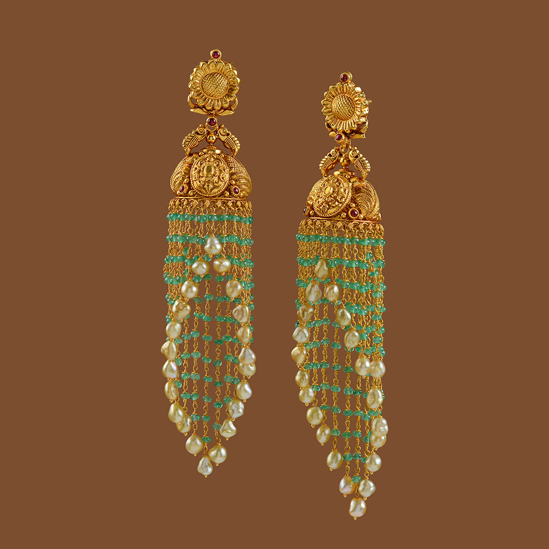Gold Jhoomer Earrings with Floral Emeralds and Pearl lines