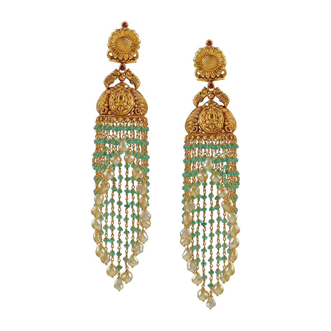 Gold Jhoomer Earrings with Floral Emeralds and Pearl lines