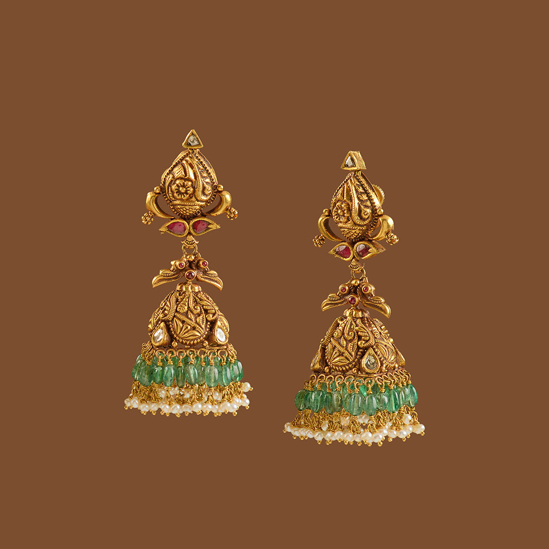 Elegant Gold Jhumka Earrings with Guttapusalu