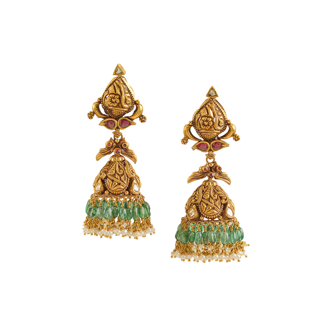 Elegant Gold Jhumka Earrings with Guttapusalu