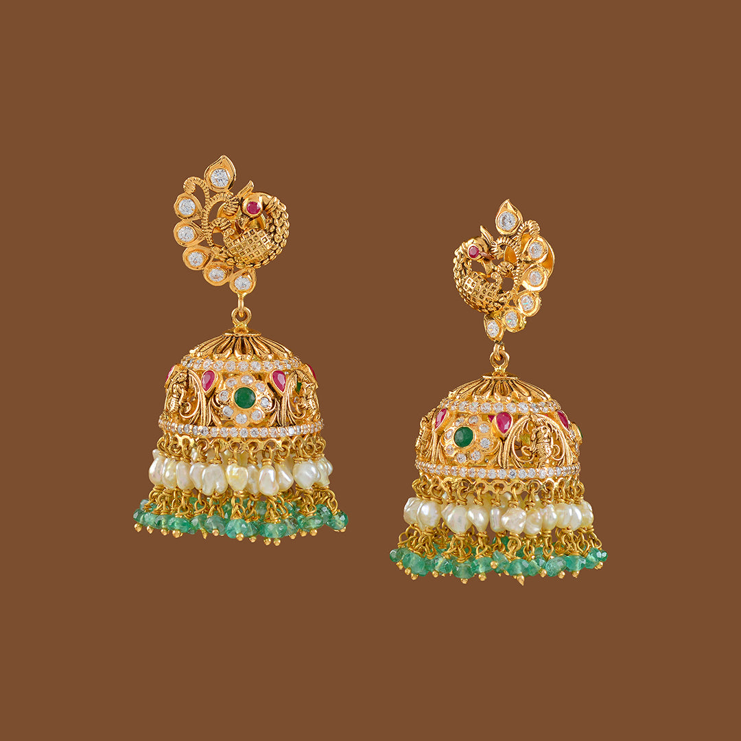 Gold Jhumka Earrings with Hanging Pearls and Emeralds