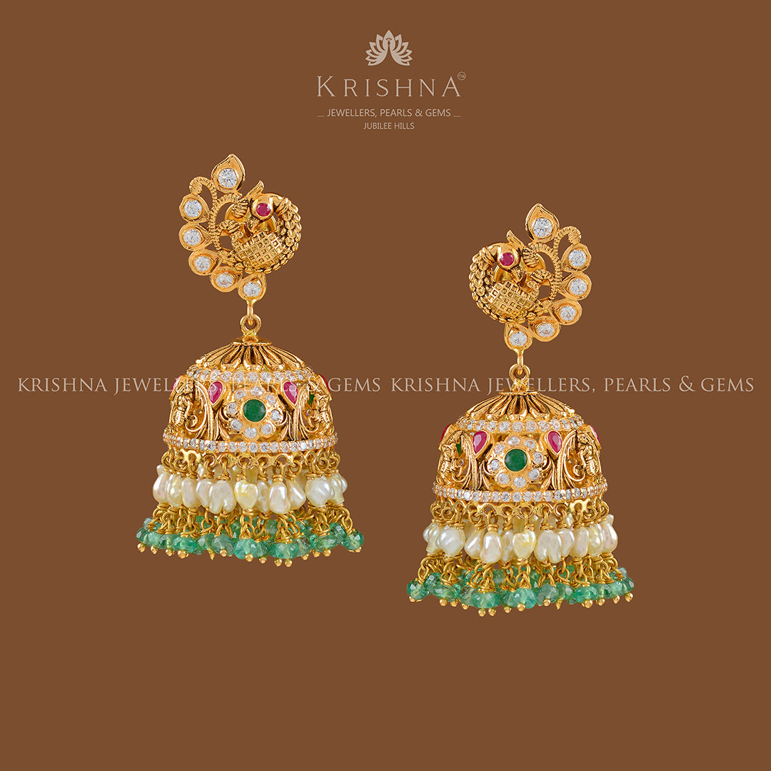 Gold Jhumka Earrings with Hanging Pearls and Emeralds