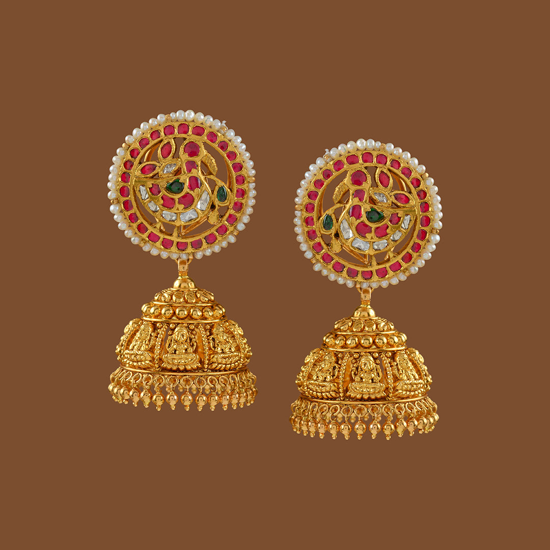 Gold Jumka Earrings with Nakshi-Kundan Work