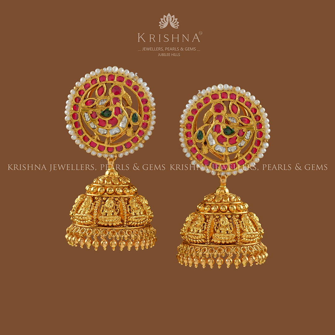 Gold Jumka Earrings with Nakshi-Kundan Work