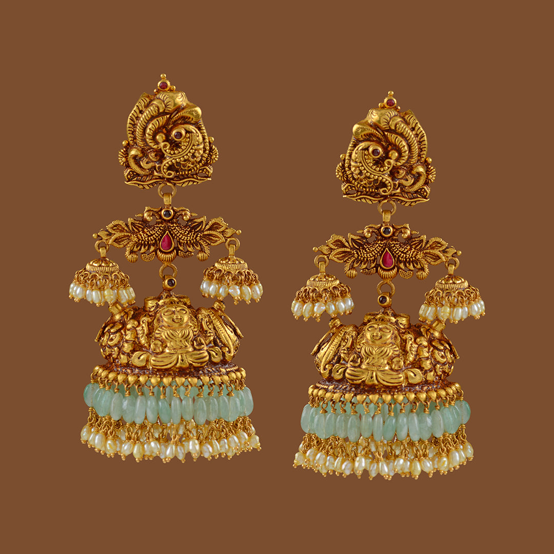 Gold Jhumka  Earrings with Emerald Beads