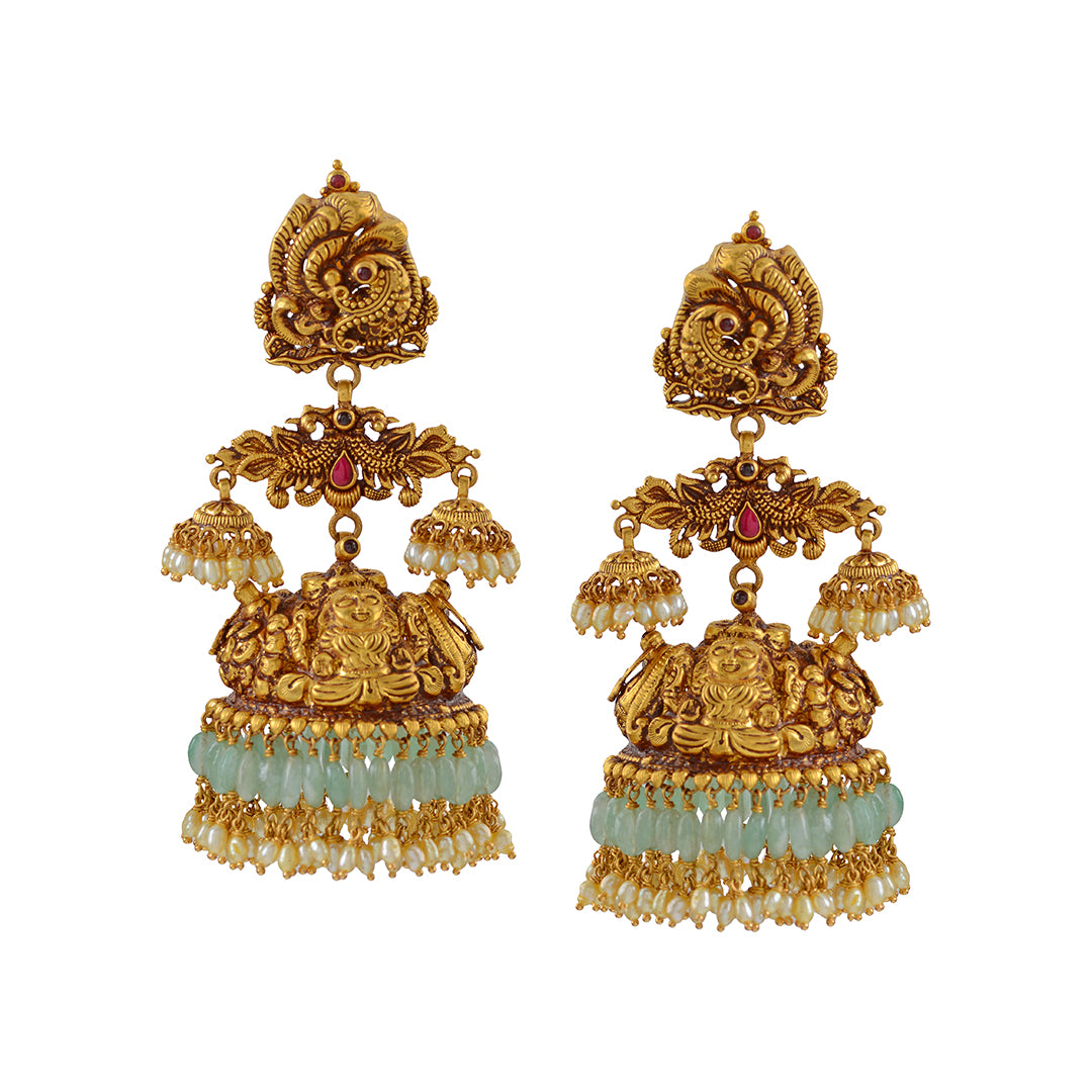 Gold Jhumka  Earrings with Emerald Beads