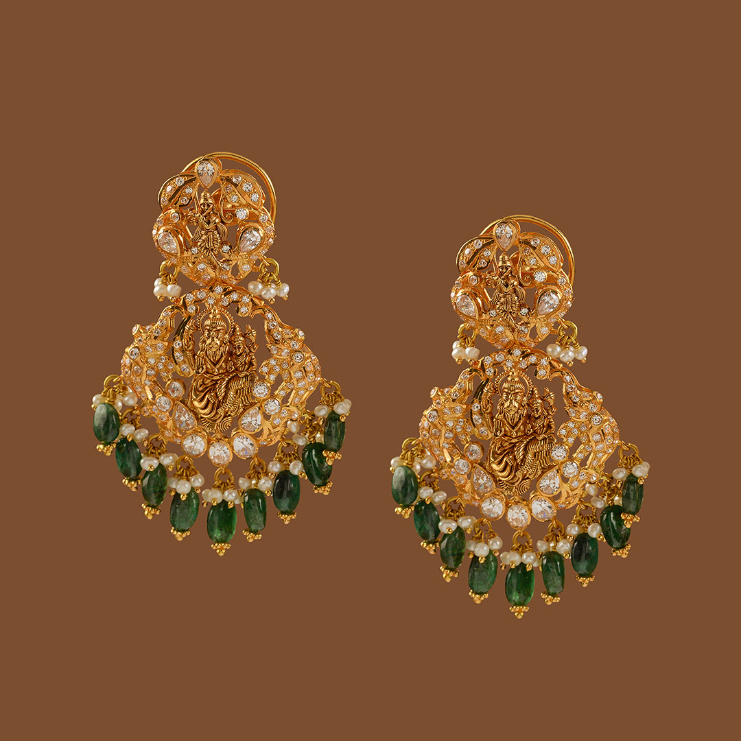 Gold Chandbali Earrings with Emerald Beads
