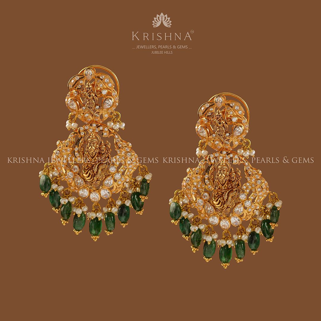 Gold Chandbali Earrings with Emerald Beads