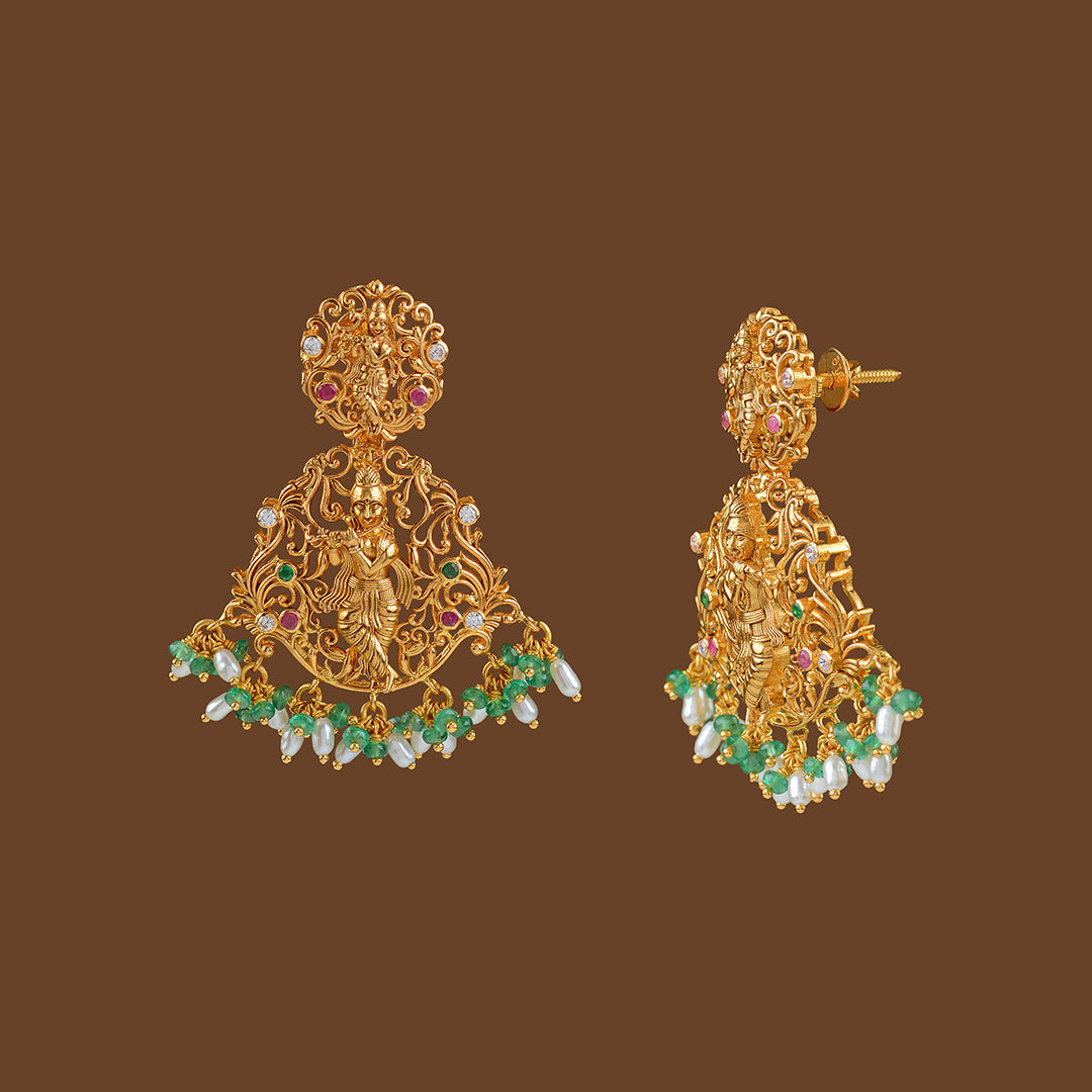 22k Gold Emerald Krishna Themed Earrings