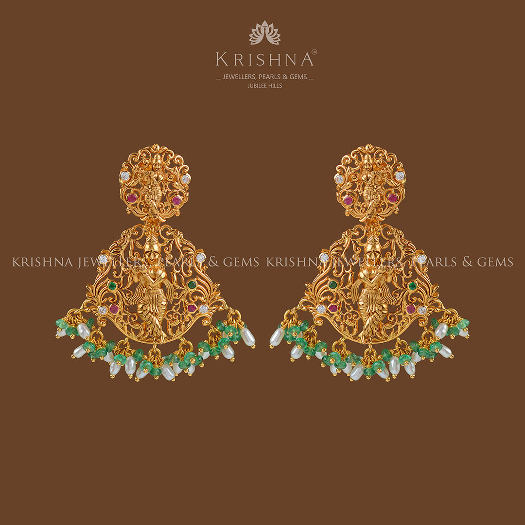 22k Gold Emerald Krishna Themed Earrings