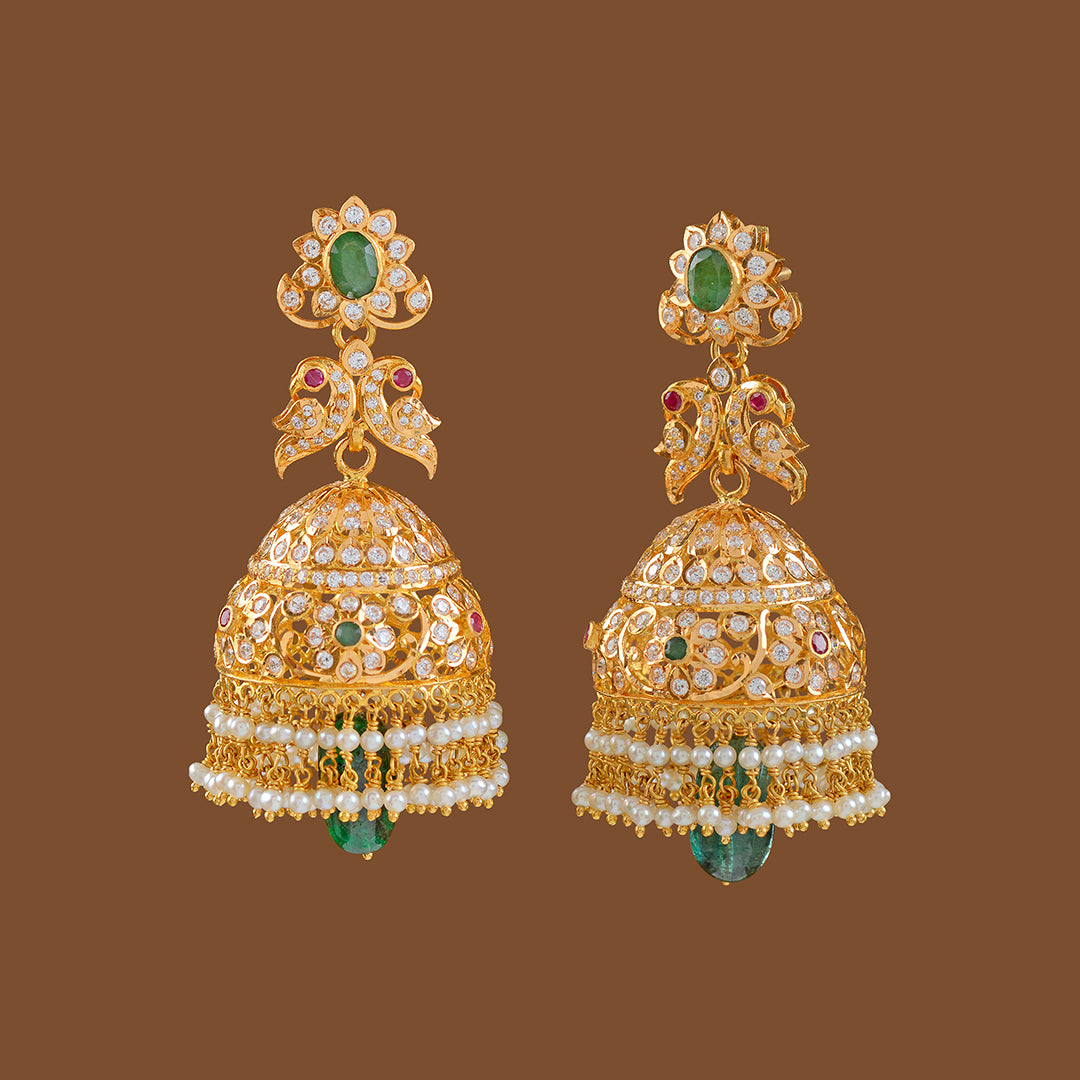 Gold Jhumka Earrings with Pearls Drops