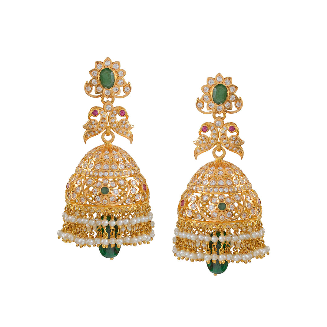 Gold Jhumka Earrings with Pearls Drops
