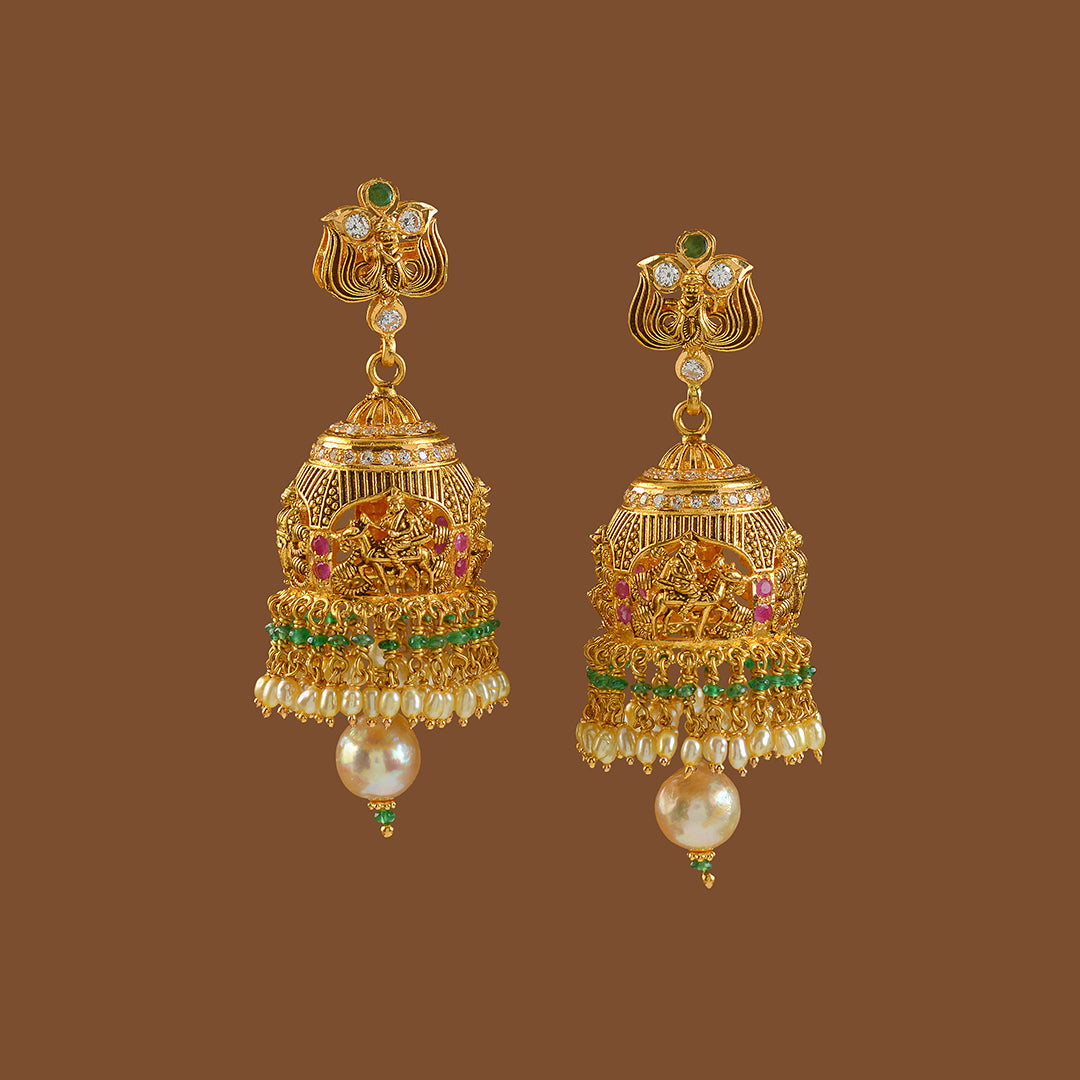 Gold Jhumka Earrings Hanging Pearls - Krishna Jewellers Pearls and Gems