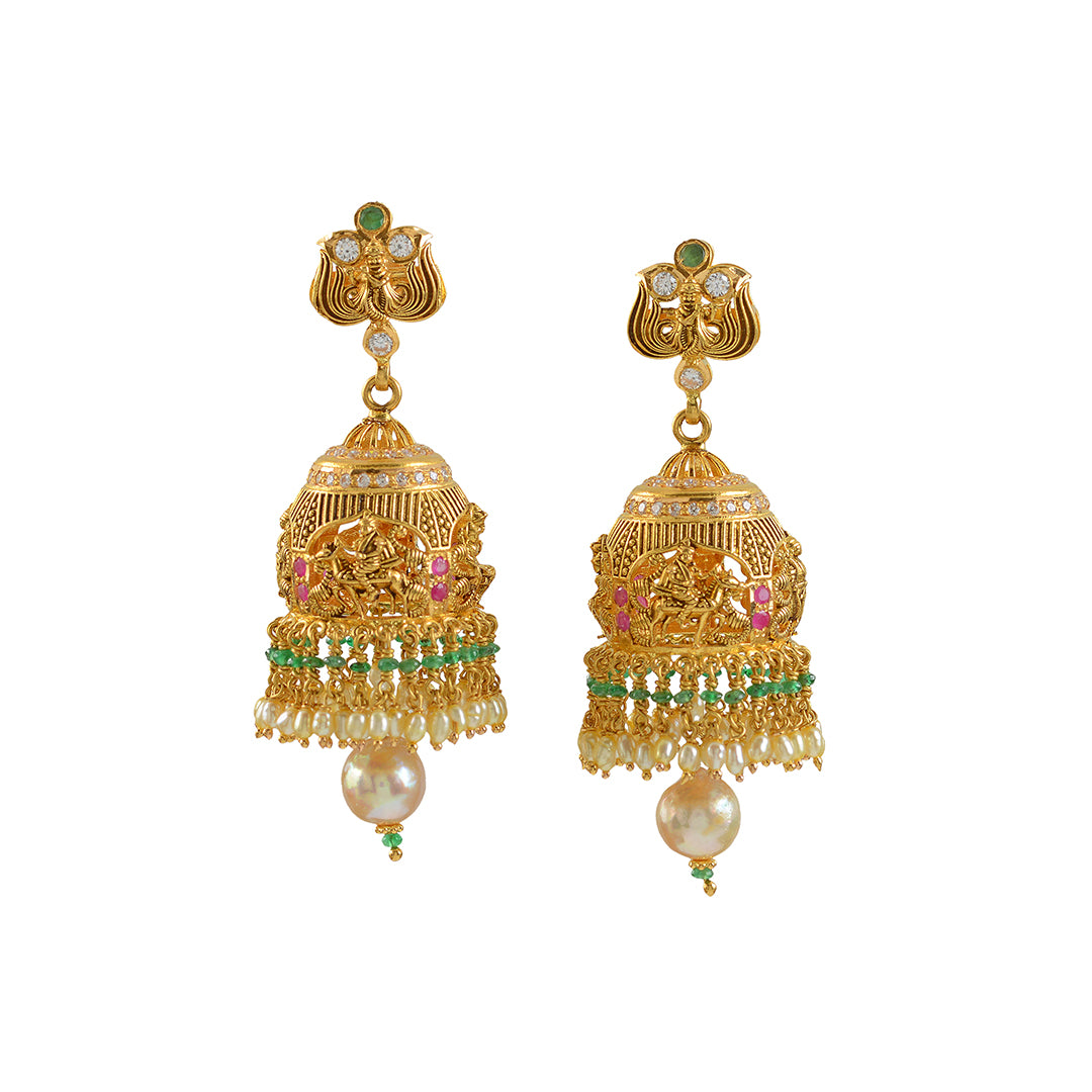Gold Jhumka Earrings Hanging Pearls