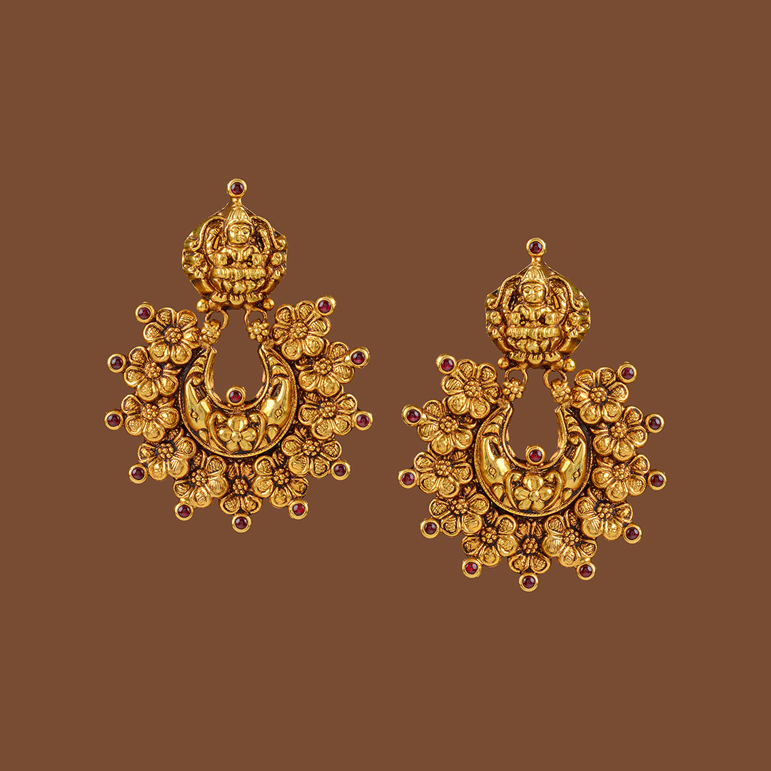 22k Gold Laxmi Devi Flower Embossing Earrings