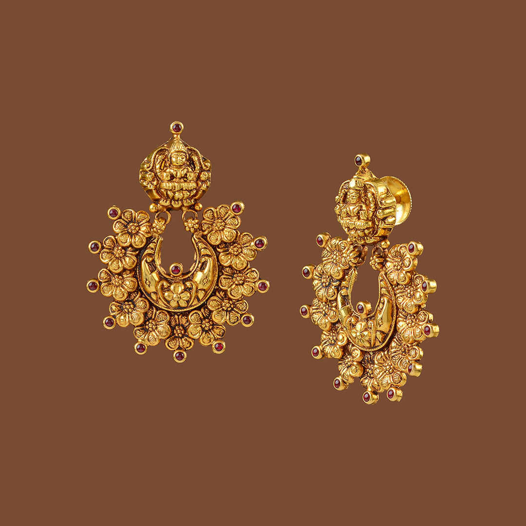22k Gold Laxmi Devi Flower Embossing Earrings