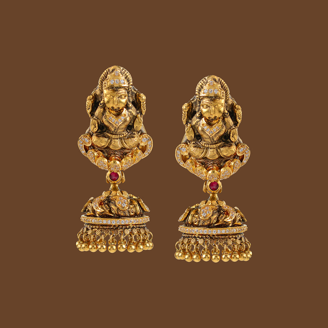 Gold Jhumka Style Laxmi Themed Earrings