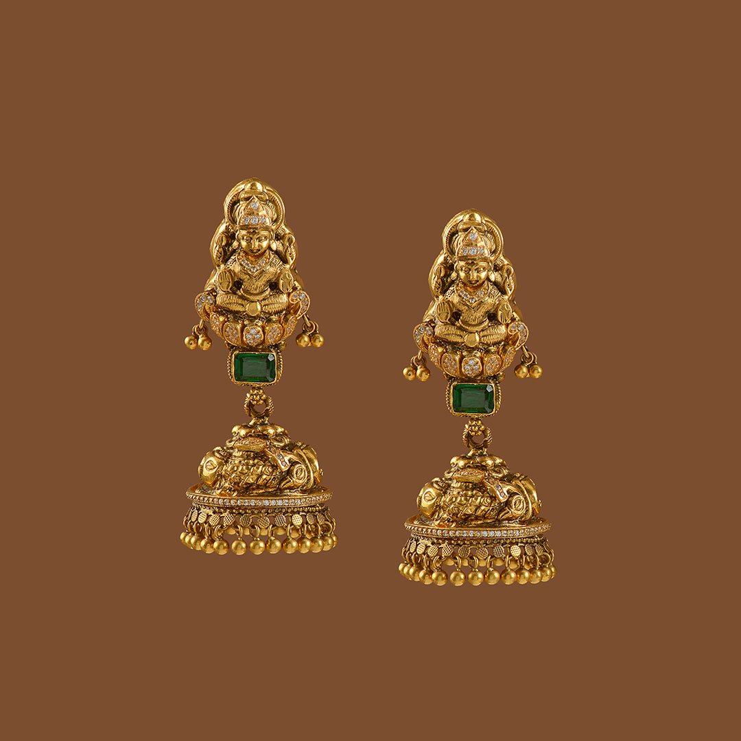 22k Gold Jhumka Earrings  with Goddess Laxmi