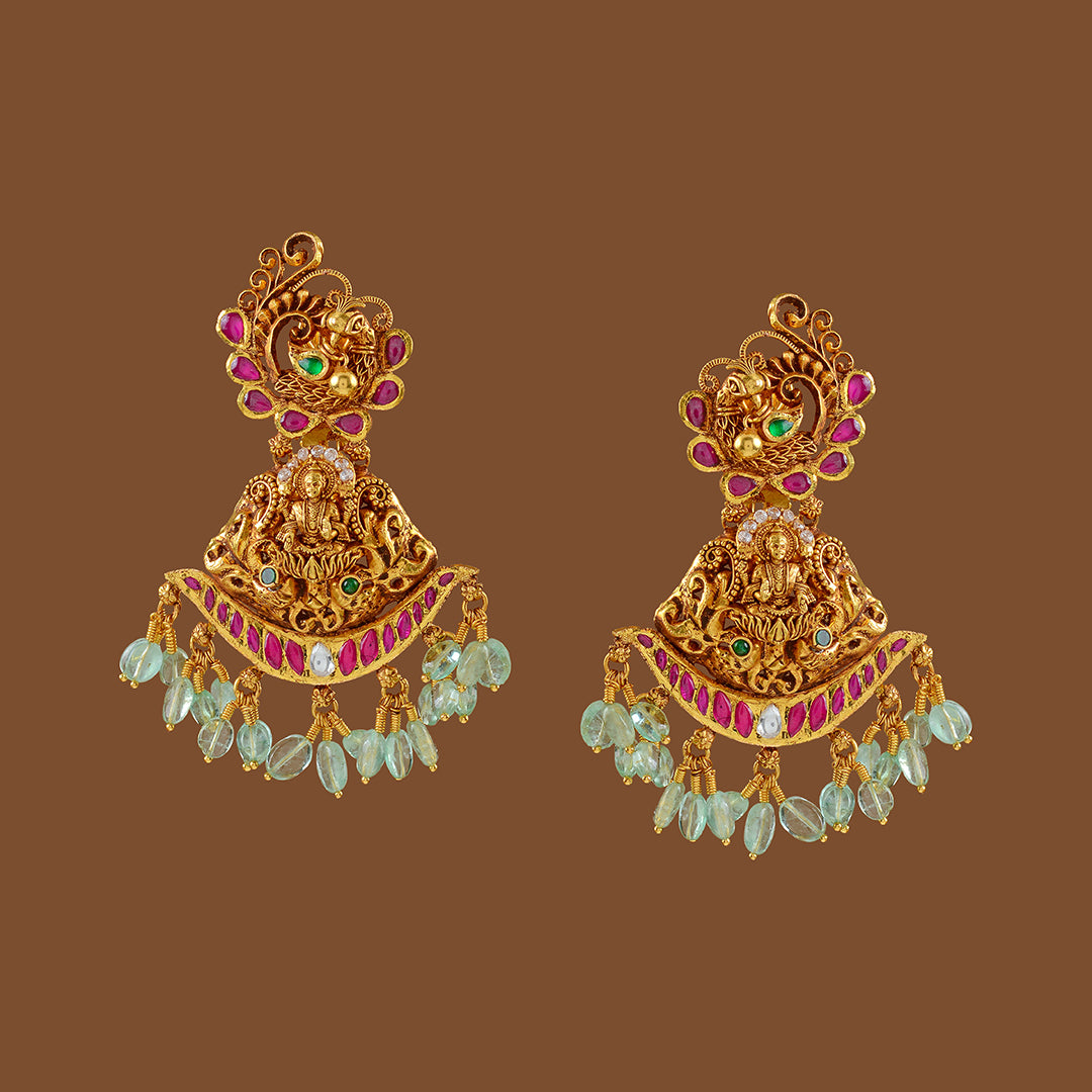 Gold Chandbali Earrings with Russian Emerald Beads