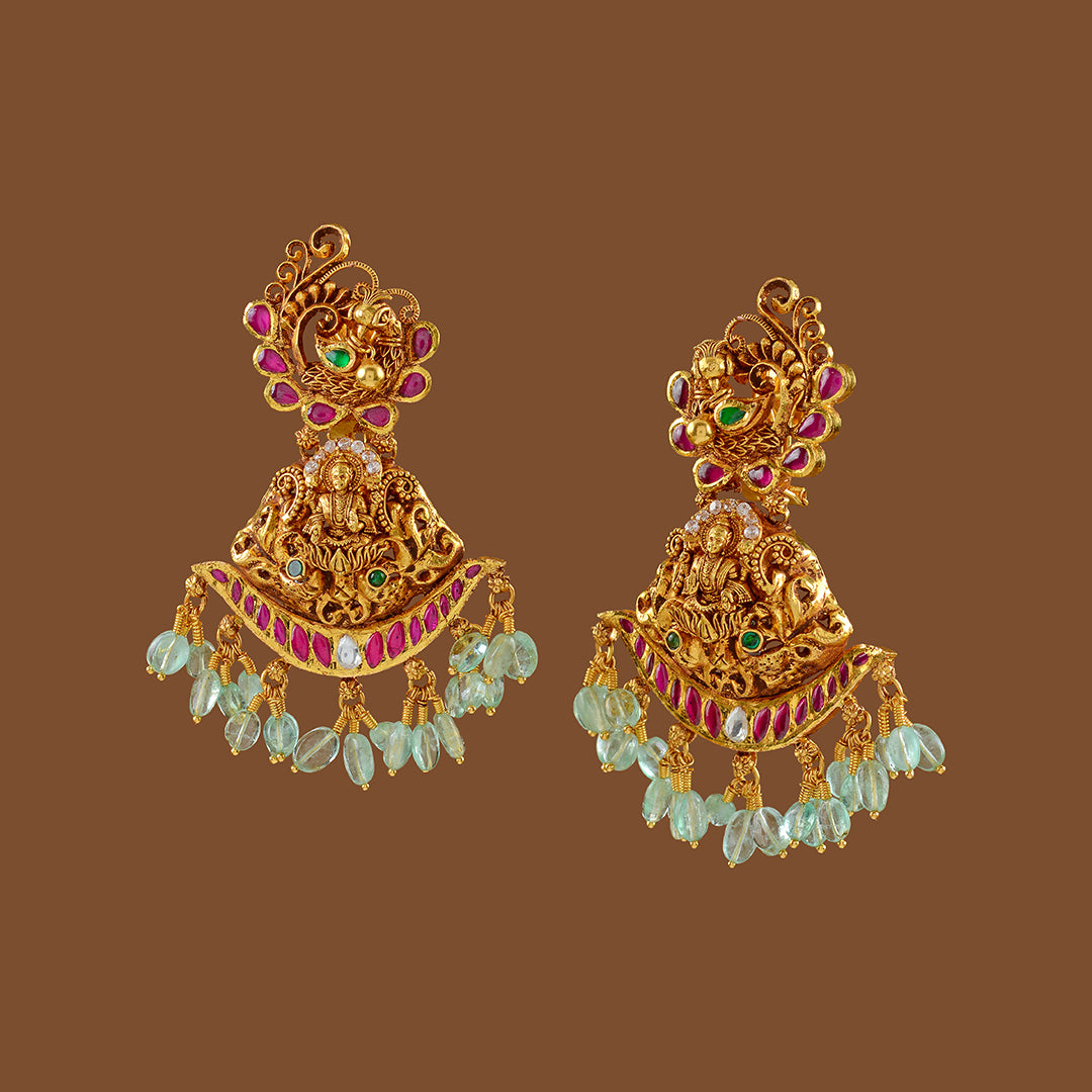 Gold Chandbali Earrings with Russian Emerald Beads