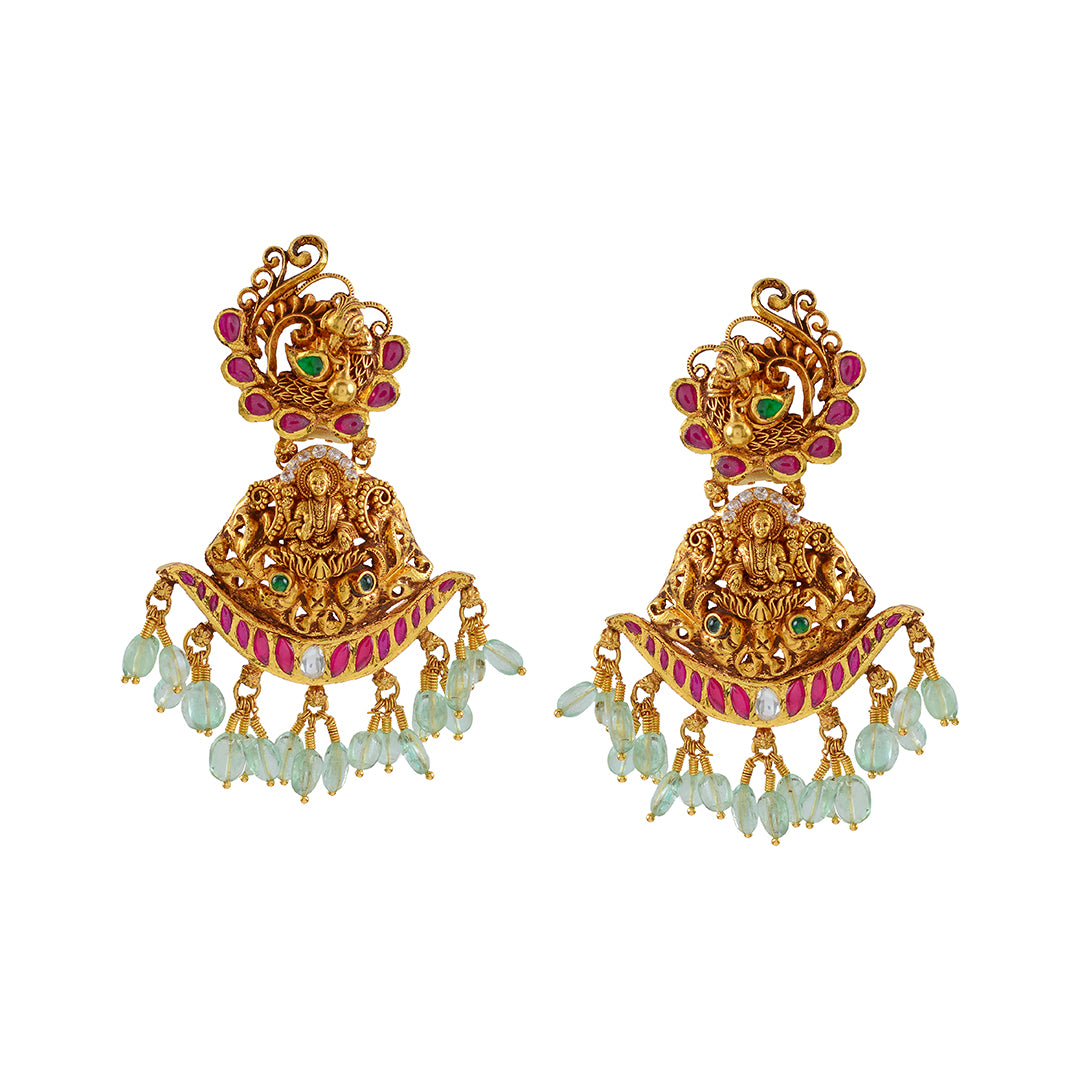Gold Chandbali Earrings with Russian Emerald Beads - Krishna Jewellers Pearls and Gems
