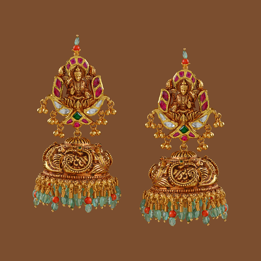 Gold Jhumka  Earrings in Lakshmi Motif
